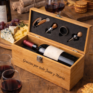 Estuche de bambú para botella de vino con accesorios personalizado